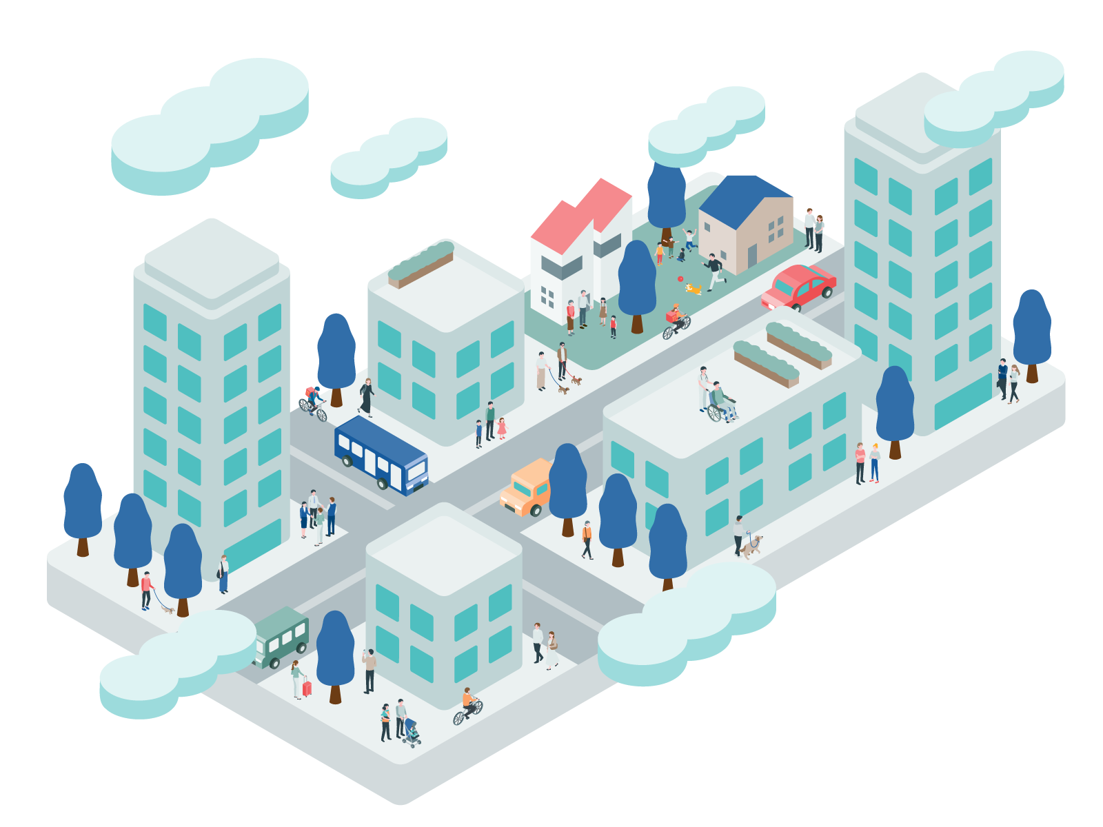 建物と道路、人々が行き交う街のイラスト